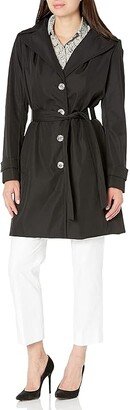 Women's Single Breasted Belted Rain Jacket with Removable Hood (Black) Women's Coat