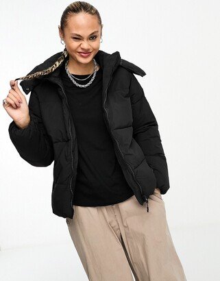 Cotton:On button up mother puffer jacket with removable hood in black