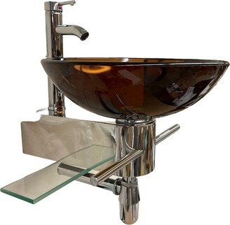 Floating Small Bathroom Vanity Tempered Glass Dark Brown Vessel Sink Wall Mount Steel Pedestal Clear Shelve Towel Bar Pop Up Combo Set