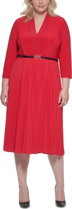 Plus Size Belted Pleated-Skirt Dress