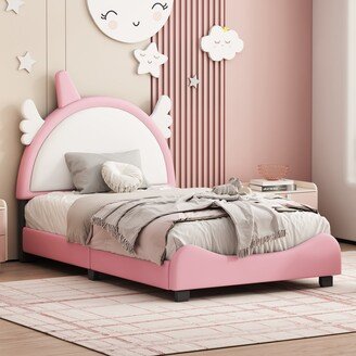 Aoolive Cute Full or Twin Size Upholstered Kid's Bed with Unicorn Shape Headboard, Unique Design Platform Bed Frame