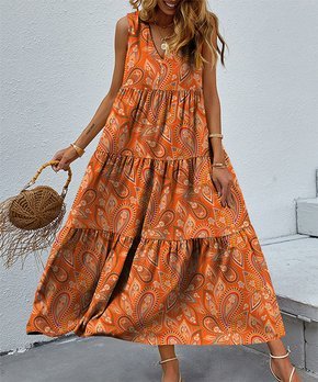 Orange Floral Tiered V-Neck Sleeveless Maxi Dress