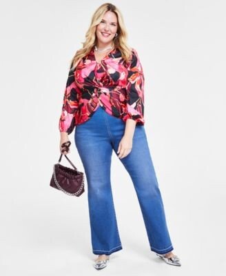 Plus Size Twist Front Top Pull On Flare Leg Jeans Created For Macys