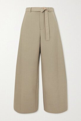 Cropped Belted Satin-trimmed Woven Straight-leg Pants - Neutrals