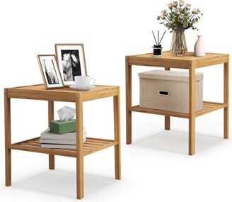 Tangkula Bamboo Nightstand Set of 2 2-tier Side Table w/ Bottom Shelf Square End Table Beside Sofa & Bed Compact Nightstand for Small Space