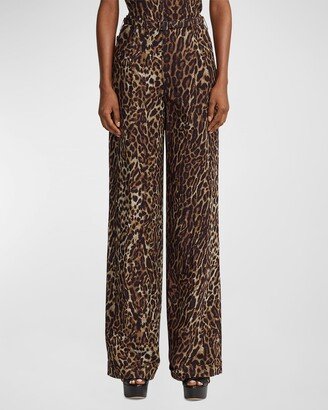 Daria Wide-Leg Leopard Print Pants with Belted Waist