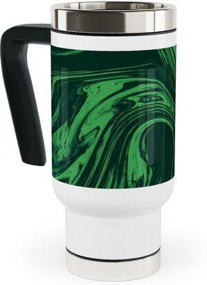 Travel Mugs: Marbled Paper - Deep Emerald Travel Mug With Handle, 17Oz, Green