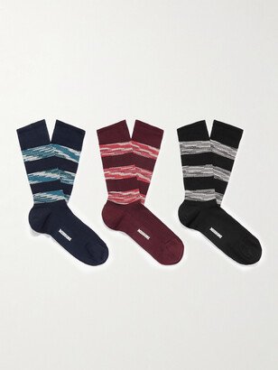 Three-Pack Striped Stretch Cotton-Blend Socks-AA