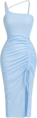 EEncantoo 2023 Summer Dresses for Women - Asymmetrical Neck Drawstring Split Thigh Dress (Color : Baby Blue