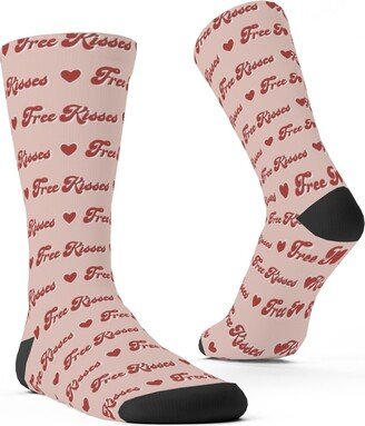 Socks: Free Kisses - Retro Hearts - Red On Pink Custom Socks, Pink