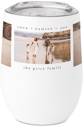 Travel Mugs: Love Family Joy Hearts Stainless Steel Travel Tumbler, 12Oz, Pink