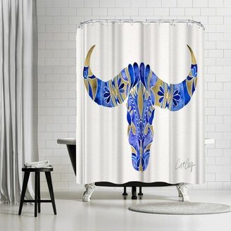 71 x 74 Shower Curtain, Water Buffalo Skull Navy And Gold by Cat Coquillette