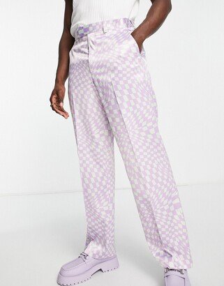 smart wide leg pants in green and lilac checkerboard - part of a set