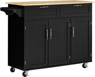 HOMCOM 48 Modern Kitchen Island Cart on Wheels with Storage Drawers, Rolling Utility Cart with Adjustable Shelves, Cabinets and Towel Rack, Black