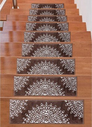 Beverly Rug Indoor Non Slip Carpet Stair Treads w/ Installed Tape 9x28 Medallion Brown / Ivory