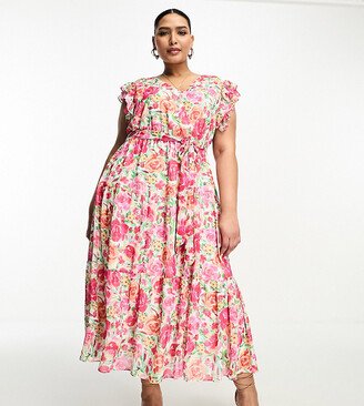 Ever New Curve ruffle shoulder midi dress in pink floral