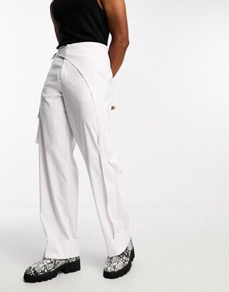 wide leg cargo smart pants with asymmetric waist detail in white