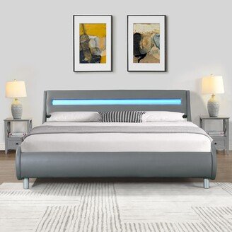 TOSWIN LED Upholstered Platform Bed Frame with Curve Design and Wood Slat Support