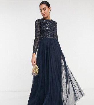 Maya Tall Bridesmaid long sleeve maxi tulle dress with tonal delicate sequin in navy