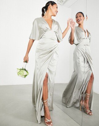 Bridesmaid satin kimono sleeve maxi dress with drape skirt in sage green