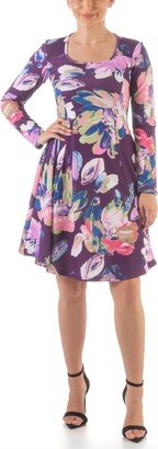 24seven Comfort Apparel Women's Floral Long Sleeve Knee Length Dress - Purple, Blue Multi