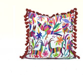 Mexican Otomi Pillow Cover - Art Print Pillow, Tassel Cover, Throw Home Decor Floral