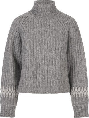 Grey Turtleneck Pullover With Embroidery