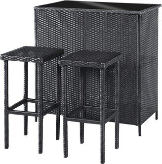 Patio Bar Set,Wicker Outdoor Table and 2 Stools,3 Piece Furniture with Storage for Poolside,Garden, 6085-1201BK