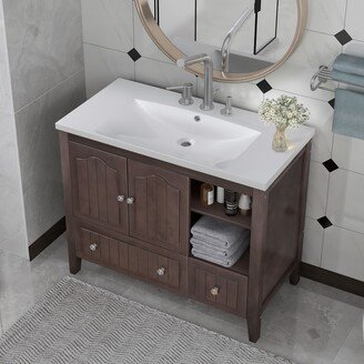 TOSWIN 36 Bathroom Vanity with Ceramic Basin Bathroom Storage Cabinet with Two Doors and Drawers Solid Frame Metal Handles