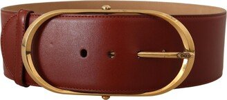 Maroon Leather Gold Metal Oval Buckle Women's Belt