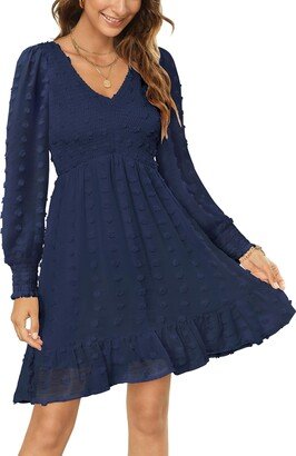 Zattcas Fall Dresses for Women 2023 Wedding Guest Casual Long Sleeve Chiffon Swiss Dot Smocked Empire Mini Modest Church Work Dress Navy XXL