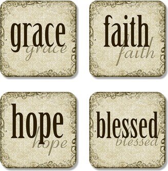 Christian Coasters, Coaster Set Of 4, Religious Gift Set Housewarming Gift, Drink Hostess Grace Faith Hope Blessed C-Scr003