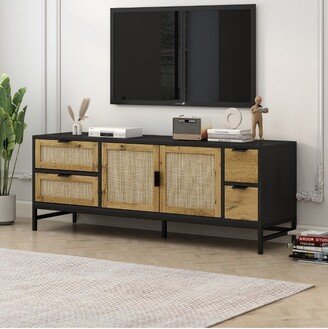 59.09 Elegant Rattan TV Stand with Adjustable Shelves and Wood Grain Finish, Steel Gray