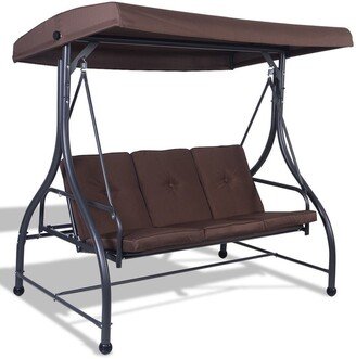 Brown Adjustable 3 Seat Cushioned Porch Patio Canopy Swing Chair - 73 x 44 x 68