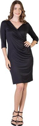 24seven Comfort Apparel Draped in Style Knee Length V Neck Women Dre-BLACK-1X