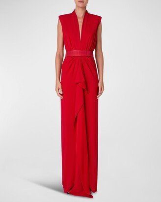 Belted Crepe Gown with Ruffle Front Detail