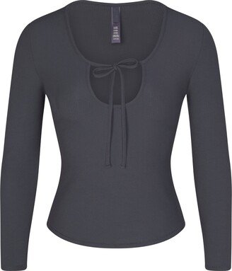 Soft Lounge Tie Front Long Sleeve Top | Graphite