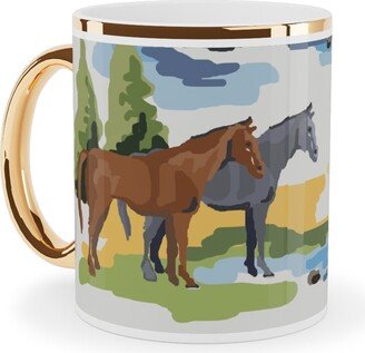 Mugs: Horses And A Meadow - Multicolor Ceramic Mug, Gold Handle, 11Oz, Multicolor