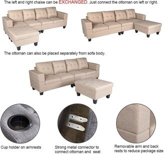 RASOO Modern Selctional Sofa L Shape Chaise Left and Right Interchangeable Linen Fabric Corner 3 Seat Sofa Couch with Ottoman