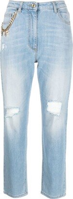 Chain-Link Ripped Tapered Jeans