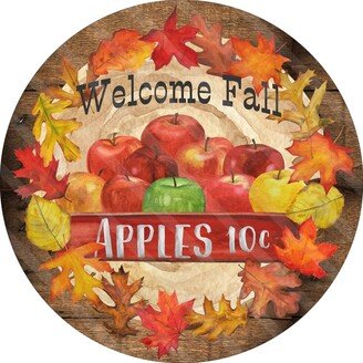 Hello Fall Sign - Apple Wagon Autumn Wreath Metal