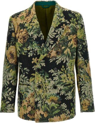 Floral-Jacquard Double-Breasted Tailored Blazer