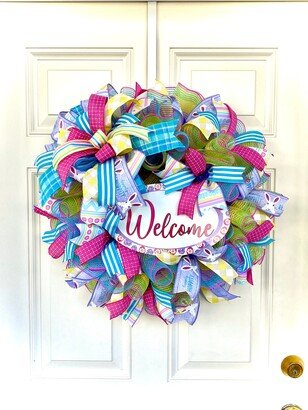 Spring Wreath With Welcome Sign For Front Door, Sign, Easter Wreath, Decor, Decor For