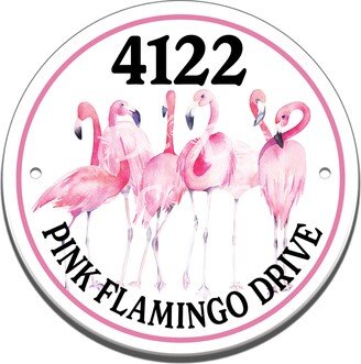 Pink Flamingos Themed Ceramic House Number Circle Tile, Florida Address Door Sign, Flamingo Flock