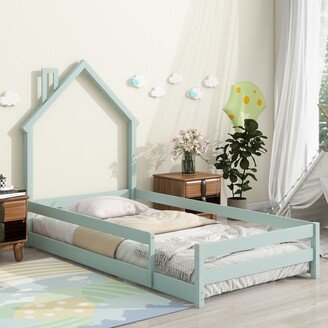 Joliwing Twin Size Toddler Bed Frame,House Bed Frame with Full-Length Guardrail,Mint