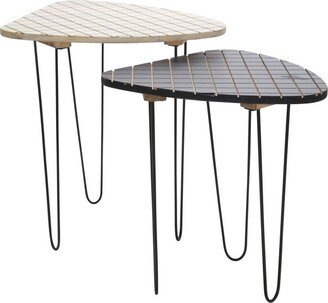 Checkered Wood Top Accent Table with Hairpin Legs, Set of 2,Black and White