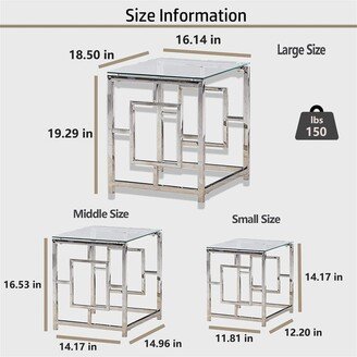 3 Pieces Silver Square Nesting Glass End Tables- Small Coffee Table Set- Stainless Steel End Tables