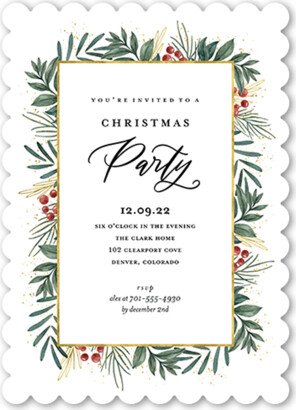 Holiday Invitations: Framed In Sprigs Holiday Invitation, White, 5X7, Matte, Signature Smooth Cardstock, Scallop