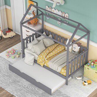 IGEMAN Twin Size Wooden House Bed with Trundle and Fence-Shaped Guardrail