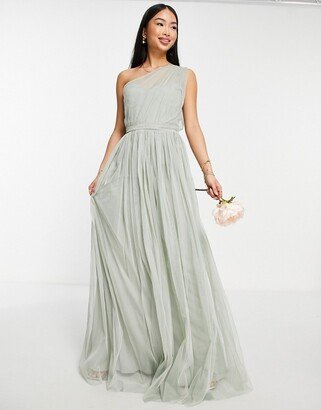 Bridesmaid tulle one shoulder maxi dress in sage green